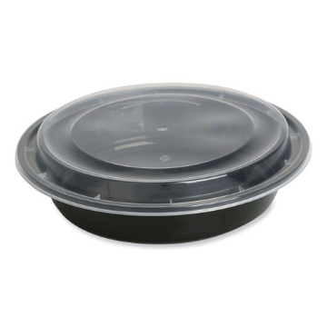 Picture of Microwavable Food Container with Lid, Round, 48 oz, 8.85 x 8.85 x 2.24, Black/Clear, Plastic, 150/Carton