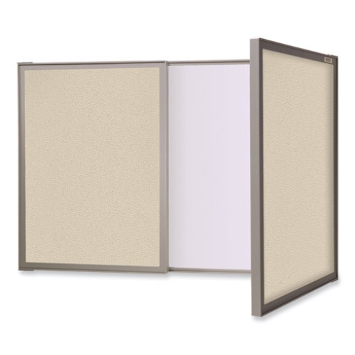 Picture of VisuALL PC Whiteboard Cabinet, Beige Fabric Bulletin Board Exterior Doors, 36x24, Aluminum Frame, Ships in 7-10 Business Days