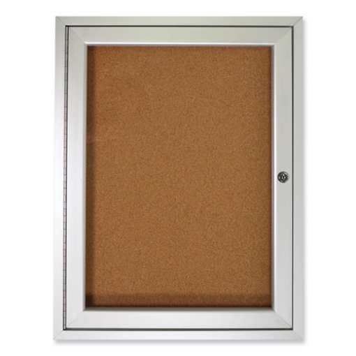 Picture of 1 Door Enclosed Natural Cork Bulletin Board with Satin Aluminum Frame, 24 x 36, Tan Surface, Ships in 7-10 Business Days