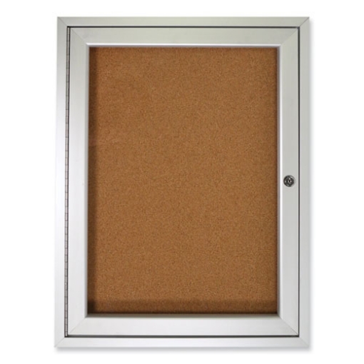 Picture of 1 Door Enclosed Natural Cork Bulletin Board with Satin Aluminum Frame, 30 x 36, Tan Surface, Ships in 7-10 Business Days