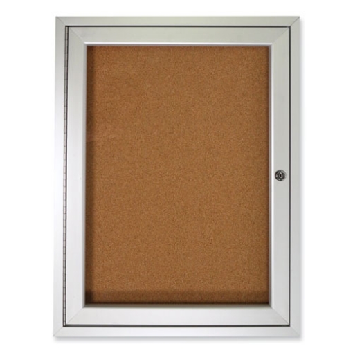 Picture of 1 Door Enclosed Natural Cork Bulletin Board with Satin Aluminum Frame, 36 x 36, Tan Surface, Ships in 7-10 Business Days