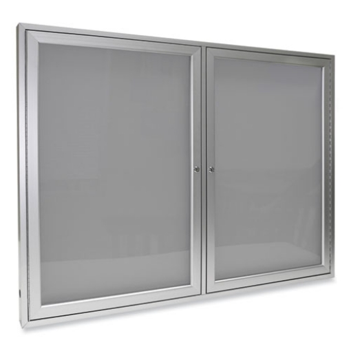 Picture of 2 Door Enclosed Vinyl Bulletin Board with Satin Aluminum Frame, 48 x 36, Silver Surface, Ships in 7-10 Business Days