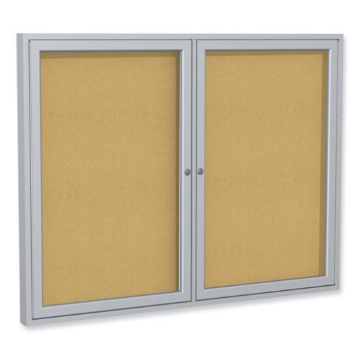Picture of 2 Door Enclosed Natural Cork Bulletin Board with Satin Aluminum Frame, 60 x 36, Tan Surface, Ships in 7-10 Business Days