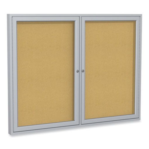 Picture of 2 Door Enclosed Natural Cork Bulletin Board with Satin Aluminum Frame, 60 x 48, Tan Surface, Ships in 7-10 Business Days