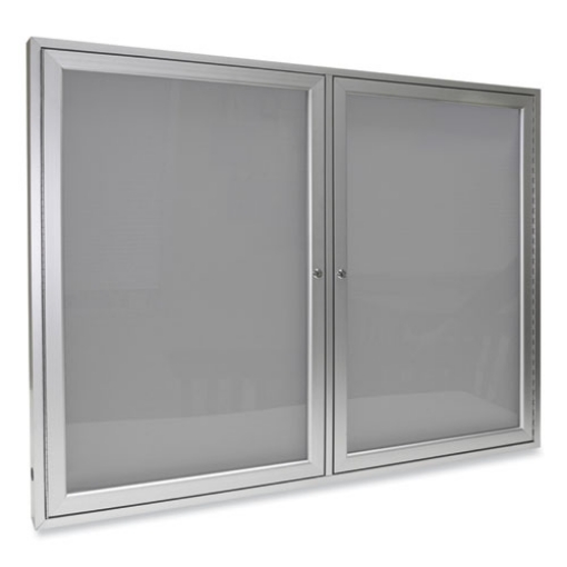 Picture of 2 Door Enclosed Vinyl Bulletin Board with Satin Aluminum Frame, 60 x 48, Silver Surface, Ships in 7-10 Business Days