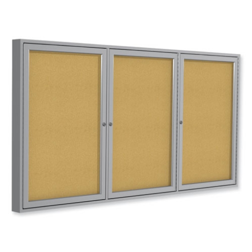 Picture of 3 Door Enclosed Natural Cork Bulletin Board with Satin Aluminum Frame, 96 x 48, Tan Surface, Ships in 7-10 Business Days