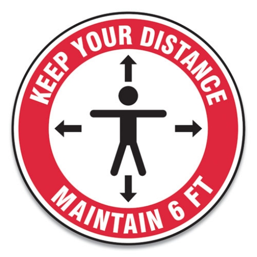 Picture of Slip-Gard Social Distance Floor Signs, 12" Circle, "keep Your Distance Maintain 6 Ft", Human/arrows, Red/white, 25/pack