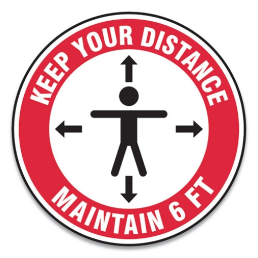 Picture of Slip-Gard Social Distance Floor Signs, 17" Circle, "keep Your Distance Maintain 6 Ft", Human/arrows, Red/white, 25/pack