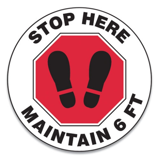 Picture of Slip-Gard Social Distance Floor Signs, 12" Circle, "stop Here Maintain 6 Ft", Footprint, Red/white, 25/pack