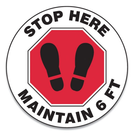 Picture of Slip-Gard Social Distance Floor Signs, 17" Circle, "stop Here Maintain 6 Ft", Footprint, Red/white, 25/pack
