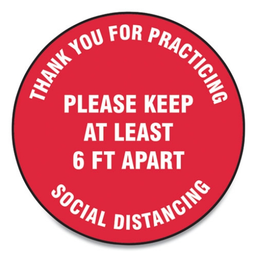 Picture of Slip-Gard Floor Signs, 17" Circle, "thank You For Practicing Social Distancing Please Keep At Least 6 Ft Apart", Red, 25/pack