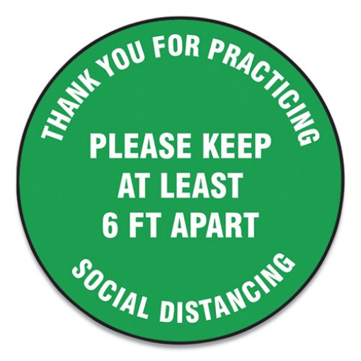 Picture of Slip-Gard Floor Signs, 17" Circle, "thank You For Practicing Social Distancing Please Keep At Least 6 Ft Apart", Green, 25/pk