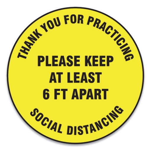 Picture of Slip-Gard Floor Signs, 12" Circle,"thank You For Practicing Social Distancing Please Keep At Least 6 Ft Apart", Yellow, 25/pk