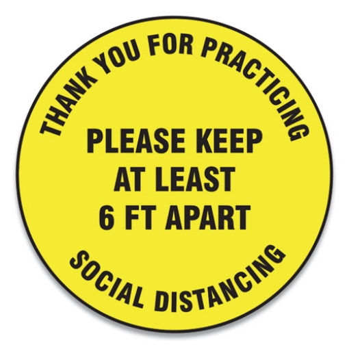 Picture of Slip-Gard Floor Signs, 17" Circle,"thank You For Practicing Social Distancing Please Keep At Least 6 Ft Apart", Yellow, 25/pk