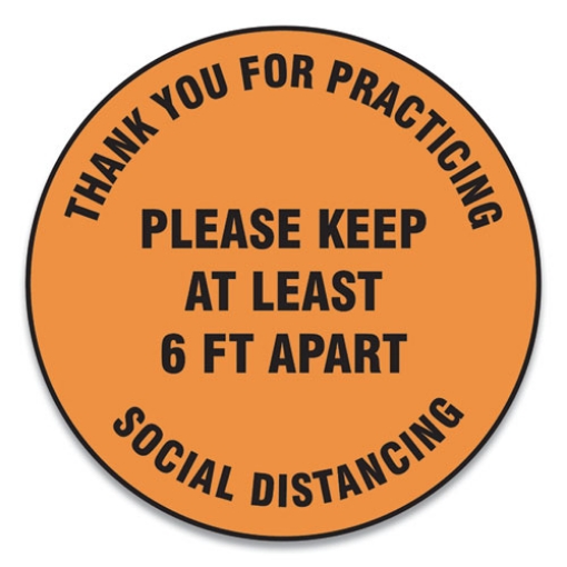 Picture of Slip-Gard Floor Signs, 17" Circle,"thank You For Practicing Social Distancing Please Keep At Least 6 Ft Apart", Orange, 25/pk