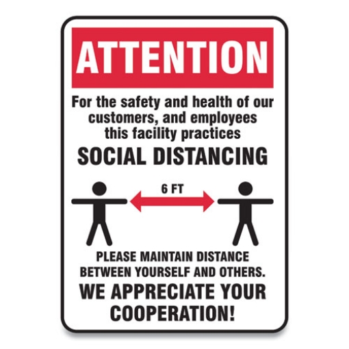 Picture of Social Distance Signs, Wall, 7 X 10, Customers And Employees Distancing, Humans/arrows, Red/white, 10/pack