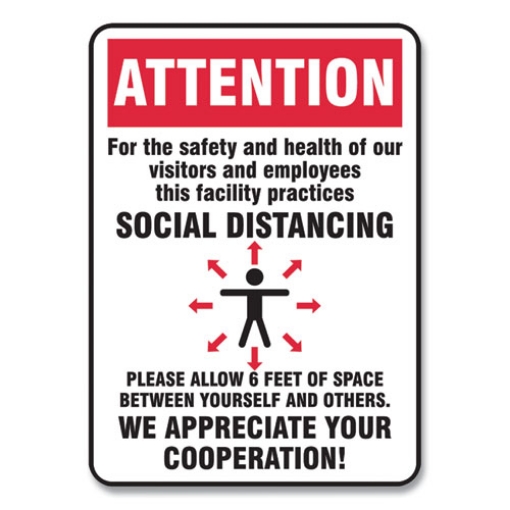 Picture of Social Distance Signs, Wall, 7 X 10, Visitors And Employees Distancing, Humans/arrows, Red/white, 10/pack