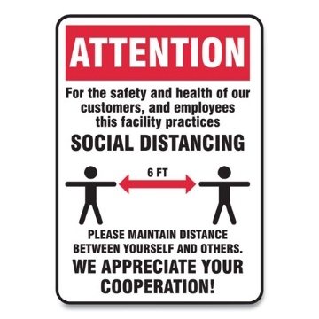 Picture of Social Distance Signs, Wall, 10 X 14, Customers And Employees Distancing, Humans/arrows, Red/white, 10/pack
