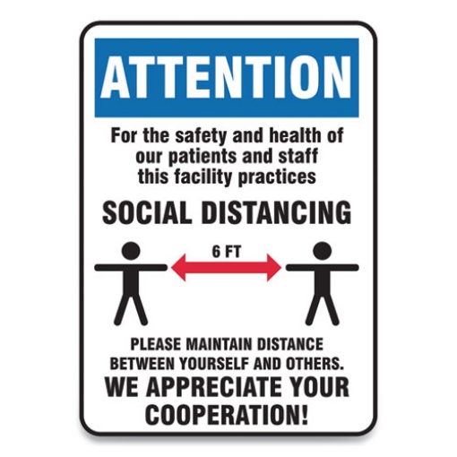 Picture of Social Distance Signs, Wall, 10 X 14, Patients And Staff Social Distancing, Humans/arrows, Blue/white, 10/pack