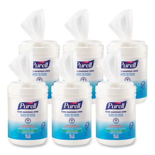 Picture of Hand Sanitizing Wipes Alcohol Formula, 6 x 7, Unscented, White, 175/Canister, 6 Canisters/Carton