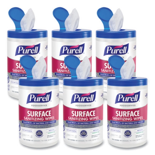 Picture of Foodservice Surface Sanitizing Wipes, 1-Ply, 10 x 7, Fragrance-Free, White, 110/Canister, 6 Canisters/Carton