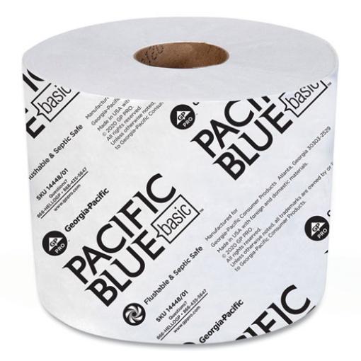 Picture of Pacific Blue Basic High-Capacity Bathroom Tissue, Septic Safe, 1-Ply, White, 1,500/roll, 48/carton