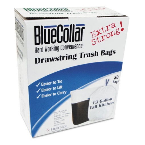 Picture of drawstring trash bags, 13 gal, 0.8 mil, 24" x 28", white, 40 bags/roll, 2 rolls/box