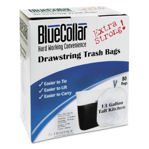 Picture of Drawstring Trash Bags, 13 gal, 0.8 mil, 24" x 28", White, 80 Bags/Box, 6 Boxes/Carton