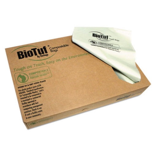 Picture of Biotuf Compostable Can Liners, 13 gal, 0.88 mil, 24" x 32", Green, 25 Bags/Roll, 8 Rolls/Carton