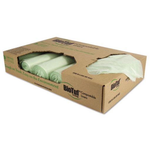 Picture of biotuf compostable can liners, 32 gal, 1 mil, 34" x 48", green, 20 bags/roll, 5 rolls/carton