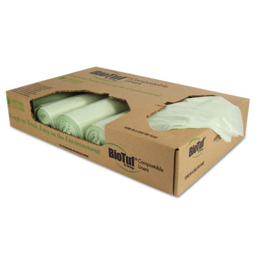 Picture of biotuf compostable can liners, 48 gal, 1 mil, 42" x 48", green, 20 bags/roll, 5 rolls/carton