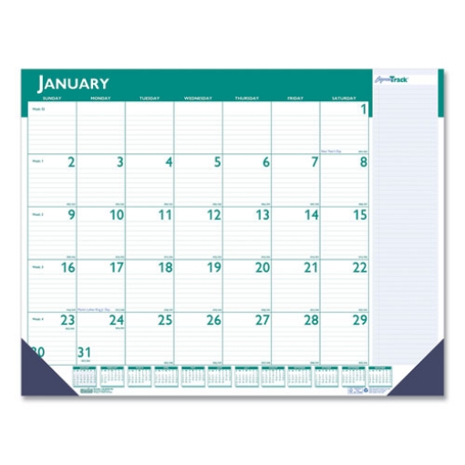 Picture of Express Track Monthly Desk Pad Calendar, 22 x 17, White/Teal Sheets, Teal Binding, Blue Corners, 13-Month(Jan-Jan): 2024-2025