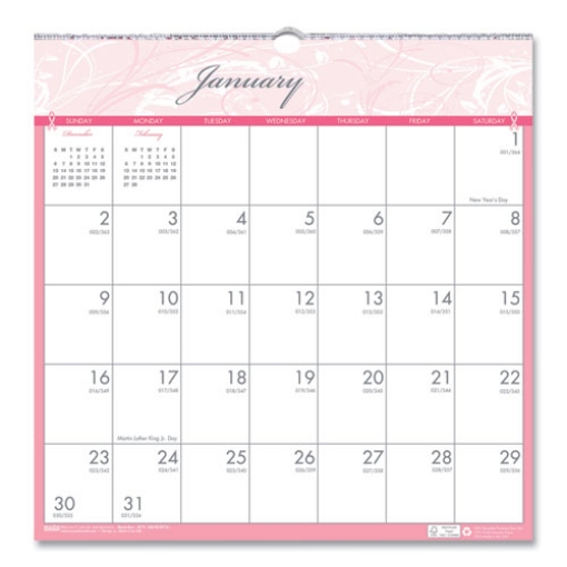 Picture of Recycled Monthly Wall Calendar, Breast Cancer Awareness Artwork, 12 x 12, White/Pink/Gray Sheets, 12-Month (Jan-Dec): 2024