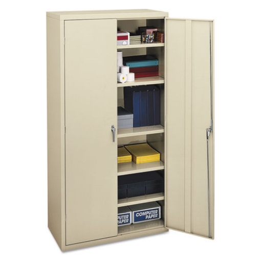 Picture of assembled storage cabinet, 36w x 18.13d x 71.75h, putty