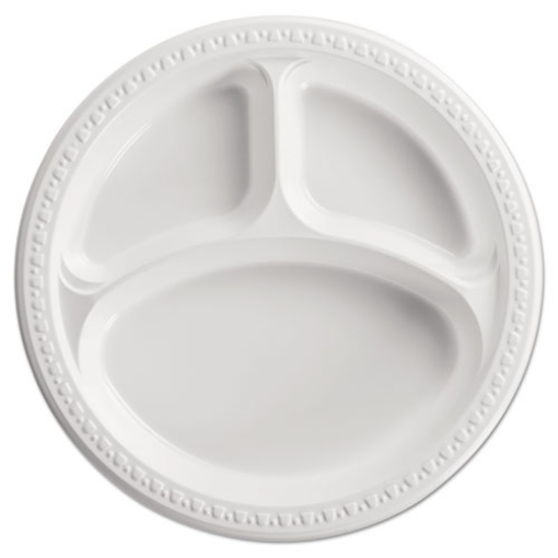 Picture of Heavyweight Plastic 3-Compartment Plates, 10.25" Dia, White, 125/pack, 4 Packs/carton