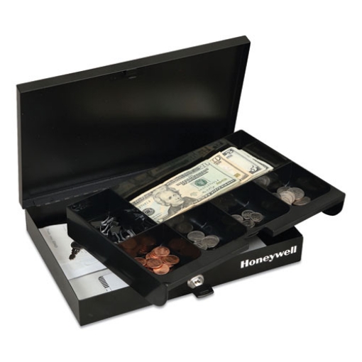 Picture of Low Profile Cash Box,1 Bill, 5 Coin Slots, Key Lock, 11.6 X 8 X 1.9, Steel, Black