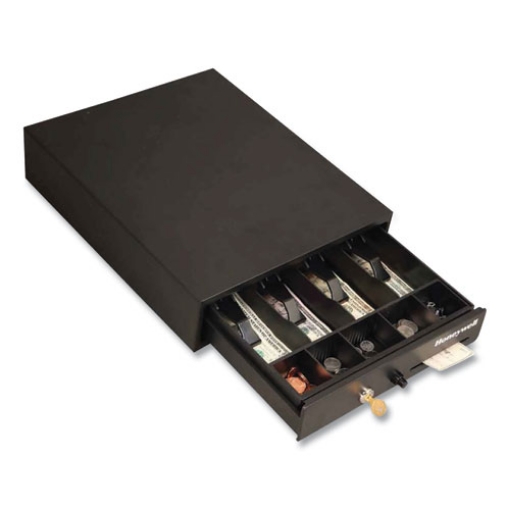 Picture of Space-Saving Steel Cash Drawer, 4 Bill, 5 Coin Slots, Key Lock, 17 X 13 X 4, Black