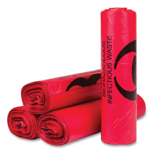 Picture of Biohazard High-Density Commercial Can Liners, 33 gal, 13 mic, 33" x 40", Red, 25 Bags/Roll, 20 Interleaved Rolls/Carton