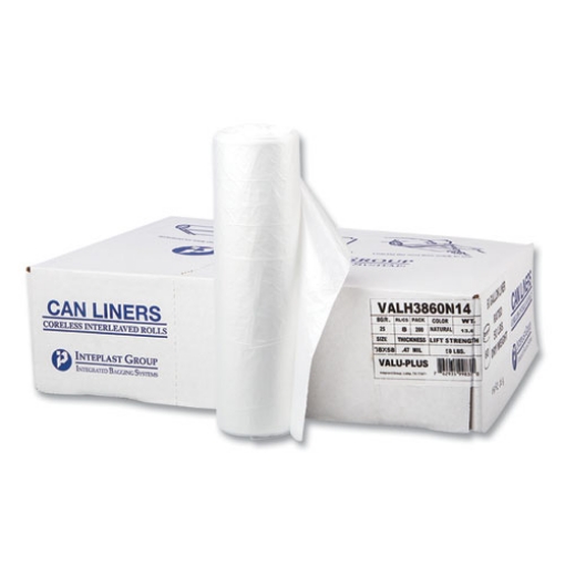 Picture of High-Density Commercial Can Liners Value Pack, 60 gal, 12 mic, 38" x 58", Clear, 25 Bags/Roll, 8 Interleaved Rolls/Carton