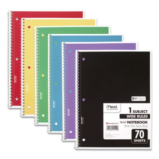 Picture of Spiral Notebook, 3-Hole Punched, 1-Subject, Wide/Legal Rule, Randomly Assorted Cover Color, (70) 10.5 x 7.5 Sheets