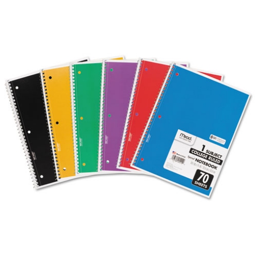 Picture of Spiral Notebook, 3-Hole Punched, 1-Subject, Medium/College Rule, Randomly Assorted Cover Color, (70) 10.5 x 7.5 Sheets