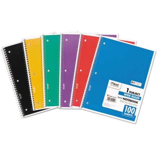 Picture of Spiral Notebook, 3-Hole Punched, 1-Subject, Wide/Legal Rule, Randomly Assorted Cover Color, (100) 10.5 x 7.5 Sheets