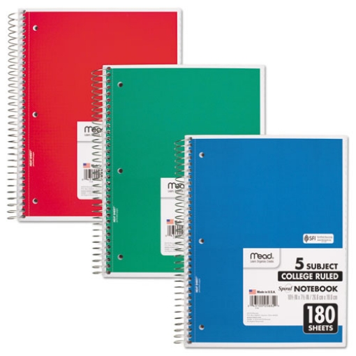 Picture of Spiral Notebook, 5-Subject, Medium/College Rule, Randomly Assorted Cover Color, (180) 10.5 x 8 Sheets