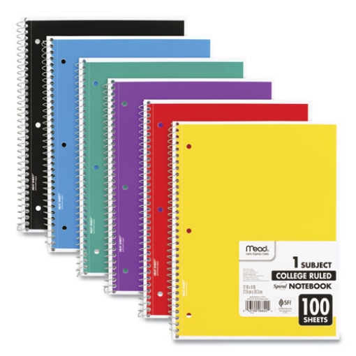 Picture of Spiral Notebook, 3-Hole Punched, 1-Subject, Medium/College Rule, Randomly Assorted Cover Color, (100) 11 x 8 Sheets