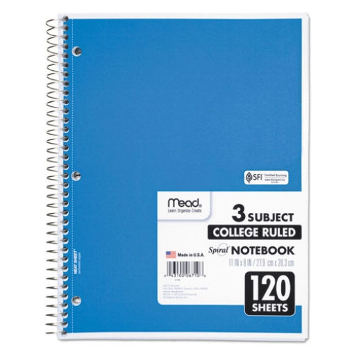 Picture of Spiral Notebook, 3-Subject, Medium/College Rule, Randomly Assorted Cover Color, (120) 11 x 8 Sheets