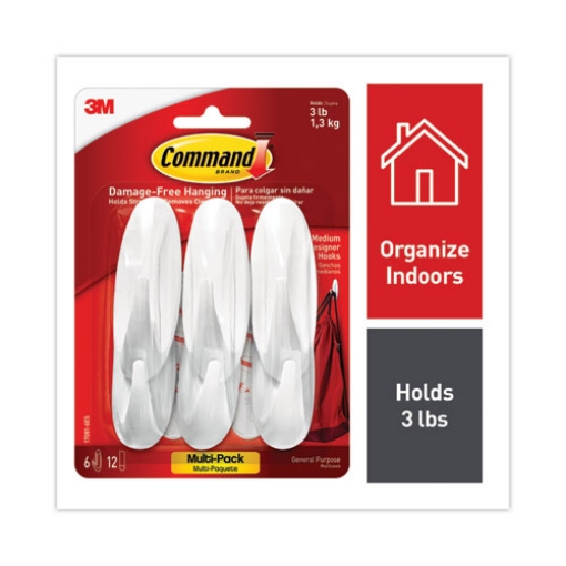 Picture of Designer Hooks, Medium, Plastic, White, 3 lb Capacity, 6 Hooks and 12 Strips/Pack