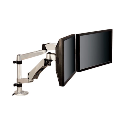 Picture of Easy-Adjust Desk Dual Arm Mount For 27" Monitors, 360 Deg Rotation, +90/-15 Deg Tilt, 360 Deg Pan, Silver, Supports 20 Lb