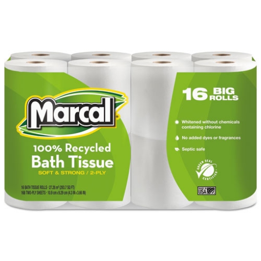 Picture of 100% Recycled 2-Ply Bath Tissue, Septic Safe, White, 168 Sheets/Roll, 16 Rolls/Pack