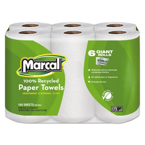 Picture of 100% Premium Recycled Kitchen Roll Towels, 2-Ply, 11 x 5.5, White, 140/Roll, 24 Rolls/Carton