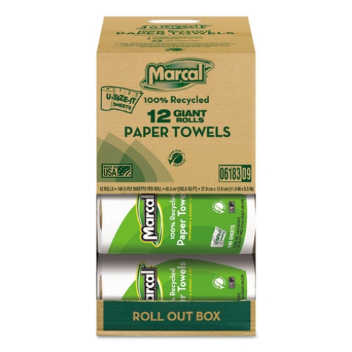 Picture of 100% Premium Recycled Kitchen Roll Towels, Roll Out Box, 2-Ply, 11 x 5.5, White, 140 Sheets, 12 Rolls/Carton